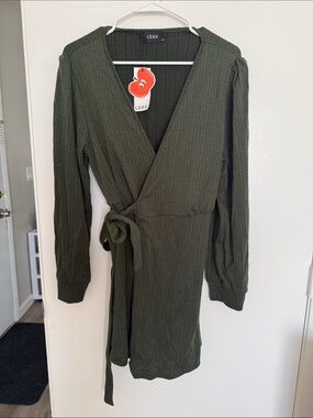 Cider Olive Wrap Knit Long-Sleeve Dress